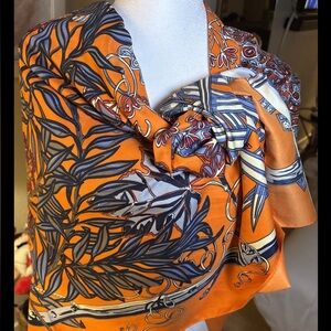 Oversized Silky Scarf cape bold Orange Blue Botanical Print draping style
